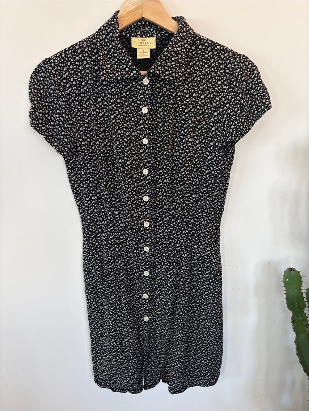 Vintage The Limited Black Tiny White Floral Button-Front Mini Dress
